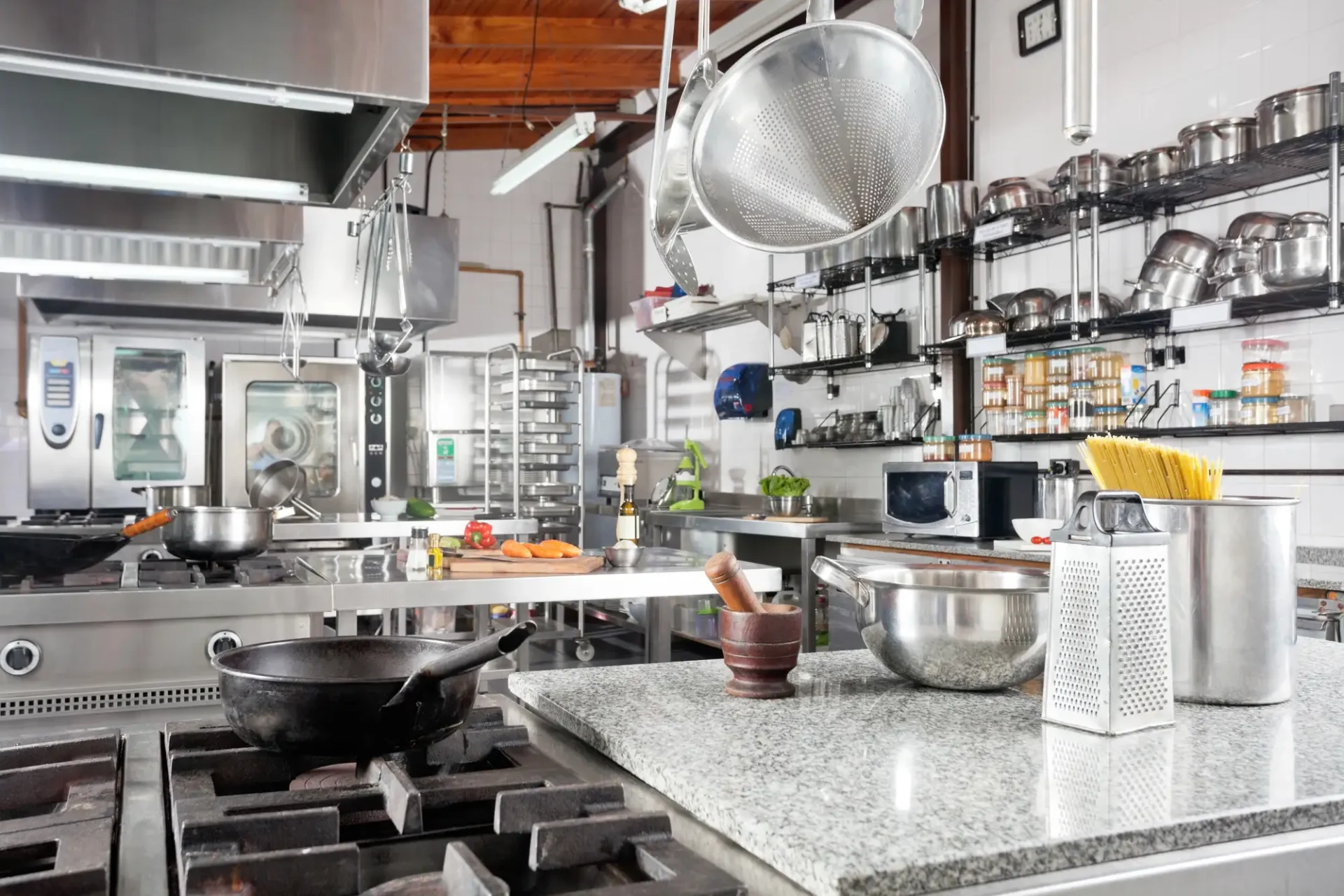 sparkling clean commercial restaurant kitchen